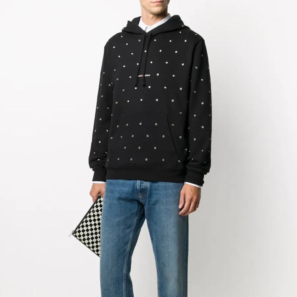 SAINT LAURENT Grommet Logo Hoodie Black Cotton Sz S $1442 {O27}